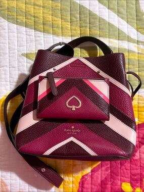 Kate Spade Burgundy & Pink Chevron Leather Crossbody Bag with Matching Wallet